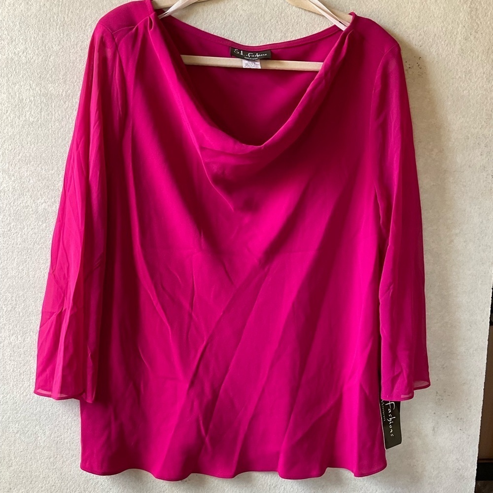S.L. Fashions top. NWT. Hot pink. 3/4 sleeve. Cowl neck. Size 20W